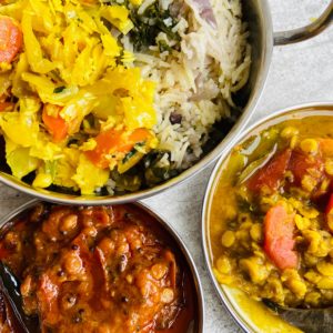 Thali meal with fluffy rice, tomato chutney and Rudy special, which is carrots, cabbage, cauliflower with grated coconut