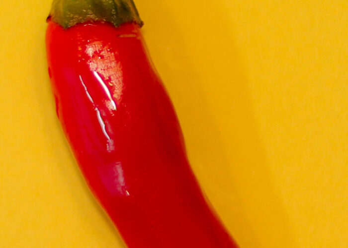 One red chilli on a yellow bakcgroun